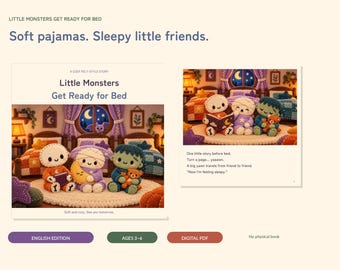 May include: A digital book titled Little Monsters Get Ready for Bed featuring illustrations of three felt-style monster characters in a bedroom setting. The text includes the title and the phrase One little story before bed.