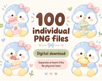 May include: A digital collection of 100 individual PNG files featuring illustrations of light blue penguins with pink bows. The penguins are shown holding various food items including a strawberry jar, a green drink, cake, and a lemon tart.