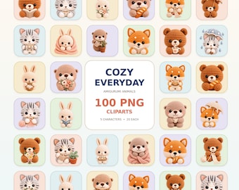 May include: A collection of 100 amigurumi animal cliparts featuring bears, cats, rabbits, otters, and foxes in various poses. The central text reads COZY EVERYDAY AMIGURUMI ANIMALS 100 PNG CLIPARTS 5 CHARACTERS 20 EACH, displayed in a grid of squares.