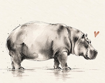 May include: A watercolor illustration of a hippopotamus in shades of gray and black, depicted in profile facing right. The artwork features loose ink outlines and paint splatters, with a small, simple reddish-brown heart shape floating near the head.