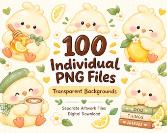May include: A digital collection of 100 individual PNG files featuring illustrations of yellow chicks with lemons, honey, coffee, and books. The text reads 100 Individual PNG Files, Transparent Backgrounds, Separate Artwork Files, Digital Download, Good Things Ahead.