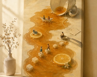 May include: A surreal painting on canvas depicting a spilled teacup creating a golden tea river. Miniature figures navigate the liquid in a paper boat, sit on a lemon slice, fish from a silver spoon, and walk across floating sugar cubes.