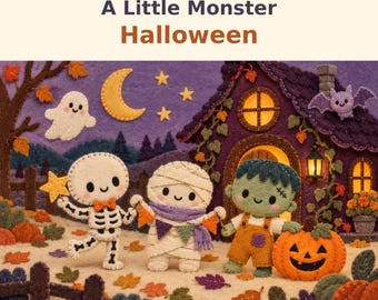 May include: A felt craft scene titled A Little Monster Halloween featuring a skeleton, a mummy, and a green monster character standing before a purple house. The scene includes a ghost, a crescent moon, stars, and a jack-o'-lantern with autumn leaves.
