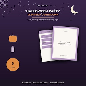 Puede incluir: Una guía digital de cuenta regresiva para la preparación de la piel en Halloween con cinco páginas de listas de verificación. El documento incluye un resumen de cuenta regresiva y una lista de eliminación con texto morado y blanco.
