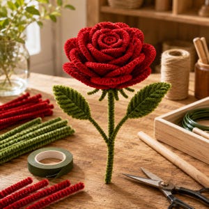 May include: A handcrafted rose made from red pipe cleaners with a green stem and two green leaves. The flower is surrounded by crafting supplies including red and green pipe cleaners, a roll of green floral tape, and metal scissors.