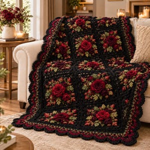 May include: A black crochet blanket featuring a repeating square pattern, each centered with a three-dimensional deep red rose surrounded by intricate green leaves and foliage, finished with a scalloped border in black and dark red yarn.