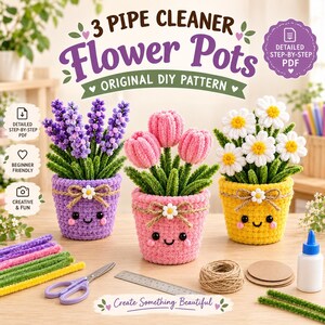 Bloempotpatroon van pijpenragers, 3 doe-het-zelf bloemenknutselprojecten, handleiding voor chenille stengels (PDF)