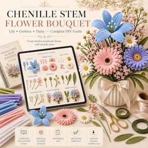 May include: A DIY chenille stem flower bouquet kit featuring a digital tablet displaying a step-by-step tutorial, a spiral-bound guide, bundles of colorful pipe cleaners, scissors, floral tape, and a finished bouquet of blue, pink, and white flowers in a white vase.