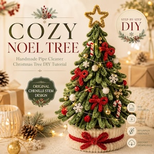 May include: A handmade Christmas tree crafted from green pipe cleaners, topped with a gold star. It is decorated with red bows, white snowflakes, small gold spheres, and candy canes. The base is a white ribbed fabric with a red pipe cleaner bow.