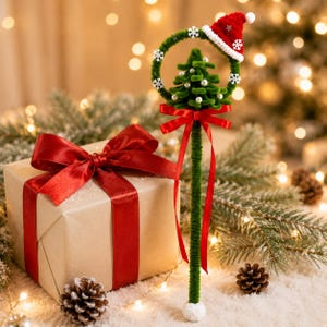 Op de afbeelding: Een knutselstaf met een groene pijpenragersteel en een cirkelvormige bovenkant versierd met een kleine kerstboom van groene pijpenrager, witte parelaccenten, witte sneeuwvlokjes en een rood-witte kerstmuts met een rode strik.