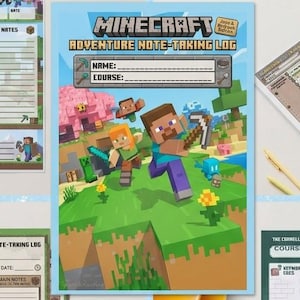 May include: A Minecraft stationery bundle featuring five digital pages including note-taking logs and Cornell system templates. The designs display characters like Steve and Alex, game items, and text such as Minecraft Adventure Note-Taking Log.
