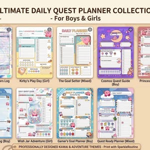 Könnte beinhalten: Eine Sammlung von neun druckbaren täglichen Quest-Planer-Seiten mit verschiedenen Layouts, Pastellfarben, Gittermustern und Cartoon-Illustrationen. Jede Seite enthält Abschnitte für tägliche Ziele, Aufgabenlisten und Notizen, betitelt als Ultimate Daily Quest Planner Collection.