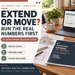Puede incluir: Una guía digital titulada Extend or Move? Run the Real Numbers First, diseñada para propietarios de viviendas en el Reino Unido. El documento incluye secciones sobre costes de construcción, gastos de mudanza y una decisión clara, junto a un portátil.