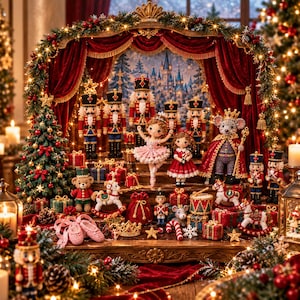 May include: A collection of crocheted Christmas figures including nutcrackers, a ballerina in a pink tutu, a mouse king in a red cape, a teddy bear, and rocking horses, all arranged under a red velvet arch with lights and gifts.