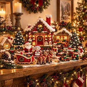Könnte beinhalten: Ein detailliertes gehäkeltes Weihnachtsdorf mit einem Lebkuchenhaus, Weihnachtsmann, Weihnachtsfrau, Rentieren, Schlitten, Elfen und Miniatur-Weihnachtsbäumen, arrangiert auf einem hölzernen Kaminsims mit festlicher Dekoration.