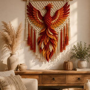 May include: A wall hanging featuring a crocheted phoenix in shades of red, orange, and yellow, mounted on a wooden dowel. The phoenix is centered over a cream-colored macrame background with decorative fringe and tassels hanging from the bottom.