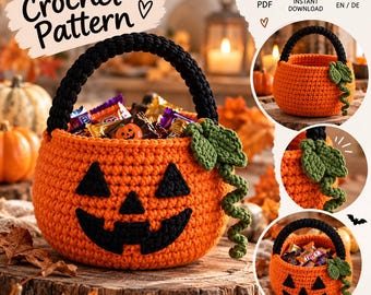 May include: A crochet pattern for a pumpkin-shaped basket with a black handle, orange body, and black jack-o'-lantern face. The basket features a green crocheted leaf and vine detail on the side. The image includes text reading Crochet Pattern.