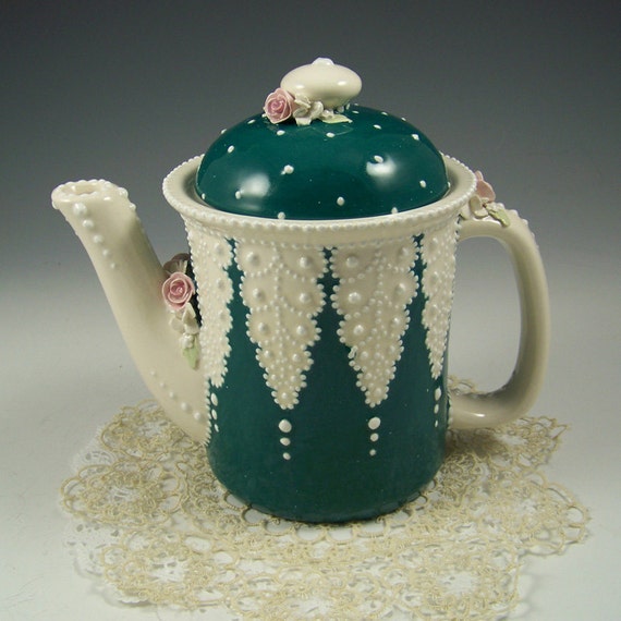 Items similar to Rich Green Victorian Lace Teapot on Etsy