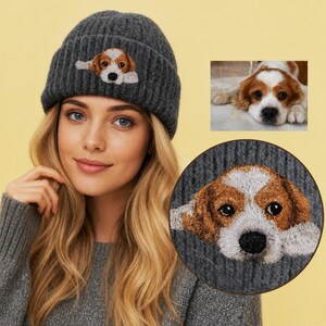 Gorro de lana con retrato de mascota bordado a mano, gorro de punto personalizado para perro o gato, regalo de invierno de lana