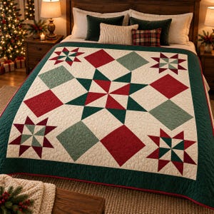 Puede incluir: Una colcha acolchada con un patrón de estrella central en rojo, verde oscuro y crema. El diseño incluye formas de diamante alternas y motivos de estrellas más pequeños en la misma paleta de colores, con un borde sólido en verde oscuro.