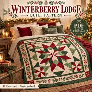 Patrón de edredón navideño Winterberry Lodge, patchwork de estrellas festivas (descarga en PDF)