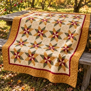 Fall Star Quilt Pattern PDF, 76x92 Bed Quilt, HST Patchwork