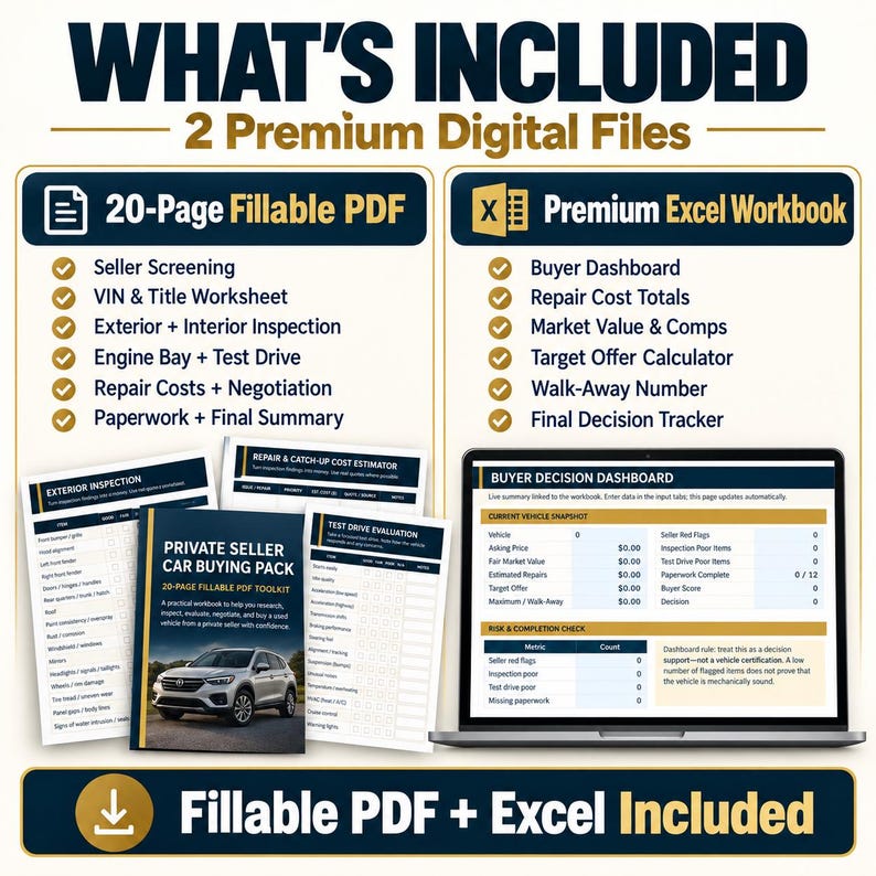 Used Car Buying Toolkit: Fillable PDF + Excel Workbook (private Seller ...