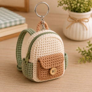 Könnte beinhalten: Ein Miniatur-Rucksack-Schlüsselanhänger aus Häkelarbeit mit einem cremefarbenen Hauptteil, salbeigrünen Trägern und Seitenteilen sowie einer braunen Vordertasche mit einem Holzknopfverschluss. Der Artikel hat einen silberfarbenen Metallring.
