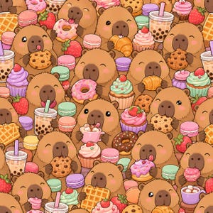 Puede incluir: Un patrón repetitivo que muestra capibaras marrones comiendo diversos dulces, incluyendo donas glaseadas de color rosa, galletas con chispas de chocolate, croissants, waffles, cupcakes con fresas, macarons de colores y té de burbujas.