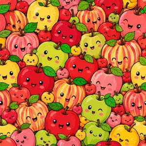 Può includere: Un motivo ripetitivo di mele in stile cartoon in varie tonalità di rosso, giallo e verde. Ogni mela presenta un volto sorridente con grandi occhi, una piccola bocca e una singola foglia verde attaccata al picciolo, creando un design denso.