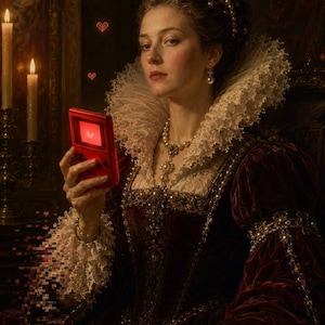 Puede incluir: Un retrato de una persona con ropa de terciopelo al estilo renacentista con un gran cuello de encaje, sosteniendo una consola de juegos portátil de color rojo brillante. La pantalla muestra un icono de corazón pixelado y corazones flotan.