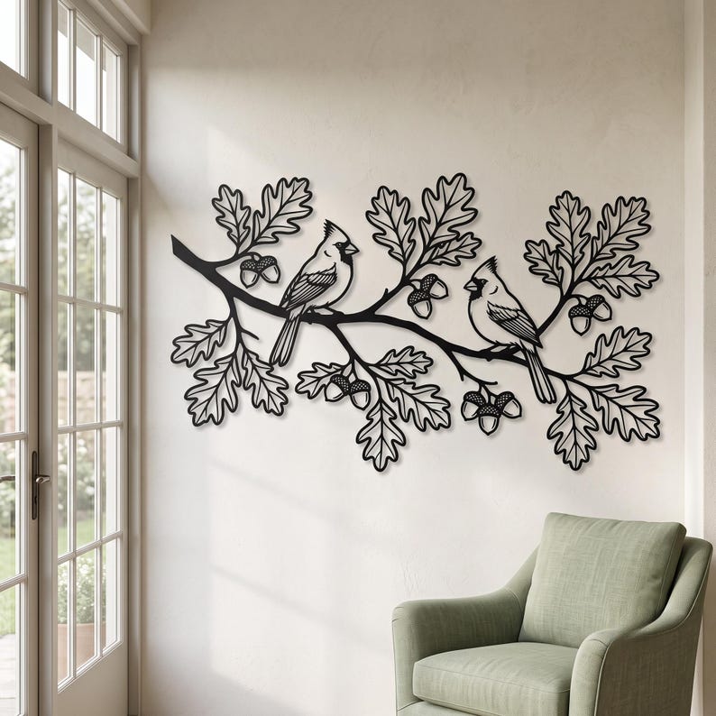 Cardinal Metal Wall Art, Birds on Oak Branch Decor, Acorn Nature Wall