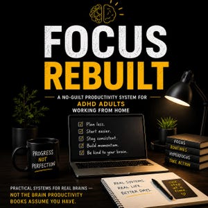 以下が含まれることがあります： FOCUS REBUILT: A NO-GUILT PRODUCTIVITY SYSTEM FOR ADHD ADULTS WORKING FROM HOMEというタイトルのデジタル画像。チェックリストが表示されたノートパソコン、PROGRESS NOT PERFECTIONと書かれたマグカップ、FOCUS、ROUTINES、HYPERFOCUS、TAKE ACTIONと書かれた本が写っています。