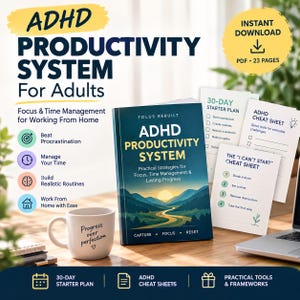 Puede incluir: Un sistema digital de productividad para TDAH para adultos que incluye una portada de libro con un paisaje montañoso, una taza blanca con el texto Progress over perfection y hojas de trucos impresas con un plan de 30 días.