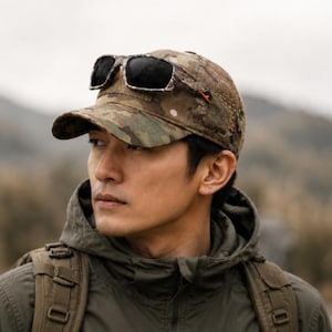 May include: A camouflage baseball cap with a perforated side panel and small orange accents, featuring a pair of dark-tinted sunglasses with matching camouflage frames resting on the brim of the cap, worn with a dark olive green hooded jacket.