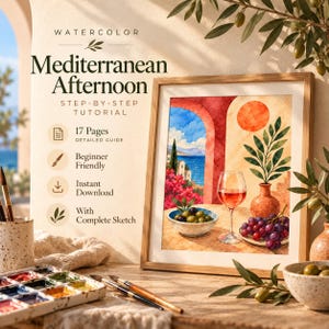 以下が含まれることがあります： 「Mediterranean Afternoon」と題された水彩画チュートリアルガイド。17ページ構成で初心者向け、即時ダウンロード可能、完成スケッチ付き。額装されたアートには、ワイングラス、オリーブ、ブドウが描かれた海岸の風景が表現されています。