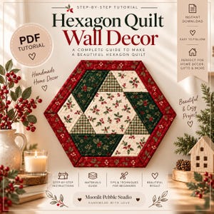 May include: A digital PDF tutorial for a hexagon quilt wall decor project. The cover features the text 'Hexagon Quilt Wall Decor' and 'Moonlit Pebble Studio'. The central image shows a hexagonal quilt with red, green, and cream holly patterns.