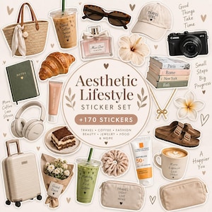 May include: A sticker set featuring various lifestyle items including a straw tote bag, iced coffee, sunglasses, a baseball cap, a camera, a croissant, perfume, books, headphones, a suitcase, a bouquet, matcha, a pouch, and skincare products.