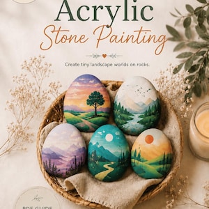May include: A 30-page PDF guide titled A Beginner's Guide to Acrylic Stone Painting, featuring five smooth stones painted with colorful landscape scenes including trees, mountains, and rivers, displayed in a woven basket with paint supplies.