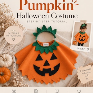 Może przedstawiać: Samouczek DIY kostiumu na Halloween w kształcie dyni, zawierający jasnopomarańczową pelerynę z filcu z czarną twarzą dyni i zielonym kołnierzem z liści. Zawiera pasującą opaskę z liśćmi, instrukcje PDF oraz zdjęcie gotowego kostiumu.