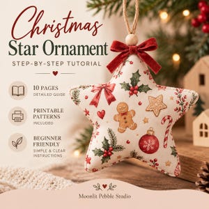 May include: A star-shaped fabric ornament featuring a print of gingerbread men, candy canes, holly, and red ornaments. It has a red velvet bow, a wooden bead, and a jute string. Text reads: Christmas Star Ornament STEP-BY-STEP TUTORIAL.