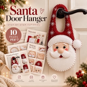 Può includere: Un tutorial in PDF di 10 pagine per un fuoriporta a forma di Babbo Natale, con un ornamento in feltro rosso e bianco con ricami a fiocco di neve. Il documento include istruzioni passo dopo passo, lista dei materiali e foto del progetto.