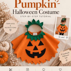 Puede incluir: Un tutorial de disfraz de Halloween de calabaza DIY que presenta una capa de fieltro naranja con una cara de calabaza negra y un cuello de hojas verdes. Incluye una diadema de hojas verdes a juego, el texto Pumpkin Halloween Costume y una foto de un niño.