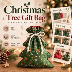 May include: A Christmas tree-shaped fabric gift bag with a green background featuring gingerbread men, candy canes, and snowflakes. The bag has a white drawstring closure. The image includes text titled Christmas Tree Gift Bag Step-By-Step Tutorial.