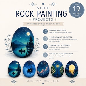 May include: A 19-page printable guide for beginners featuring 5 cute rock painting projects. The guide includes step-by-step tutorials, full-page designs, complete templates, and color palettes for each project, all presented with clear text.