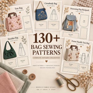 Peut inclure: Une collection de 130+ patrons de couture de sacs présentant des illustrations de cabas, sac bandoulière, sac à dos à cordon, sac épaule et sac à poignée rigide avec pièces de coupe étiquetées, accompagnés de tissus, boutons et ciseaux.