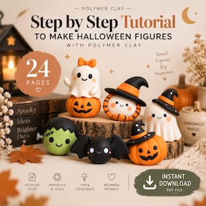 Peut inclure: Un guide de tutoriel de 24 pages sur la pâte polymère pour figurines d'Halloween. La couverture présente du texte, un fantôme sur une citrouille, une citrouille au chapeau de sorcière, un Frankenstein, une chauve-souris et un fantôme.