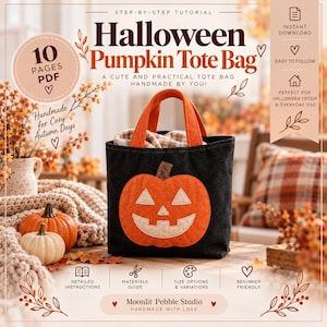 Könnte beinhalten: Eine schwarze Stofftasche mit einer orangefarbenen Kürbis-Applikation in Form eines Jack-o'-Lantern-Gesichts. Die Tasche hat zwei orangefarbene Henkel und enthält einen karierten Stoff. Der Text lautet: Step-by-Step Tutorial, Halloween Pumpkin Tote Bag.