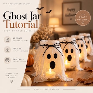 May include: A digital tutorial guide titled Ghost Jar Tutorial featuring instructions for creating glass jars draped in white cheesecloth with black felt ghost faces and black twine bows, illuminated by small tea light candles inside.