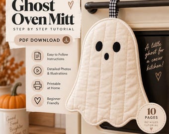 May include: A digital sewing pattern for a ghost-shaped oven mitt, featuring a PDF download with step-by-step instructions, detailed photos, and illustrations. The ghost mitt is cream-colored with black eyes and mouth, hanging by a black and white checkered loop.
